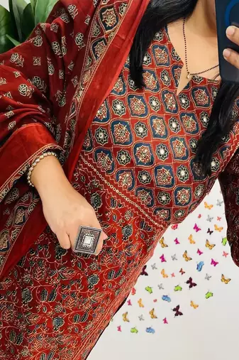 Floral embroidered cotton round neck red  kurta trouser & dupatta set