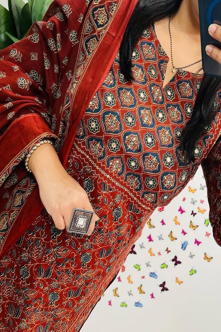 Floral embroidered cotton round neck red  kurta trouser & dupatta set