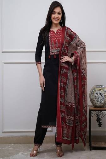 Floral printed cotton round neck black  kurta trouser & dupatta set