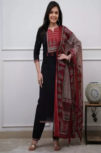 Floral printed cotton round neck black  kurta trouser & dupatta set