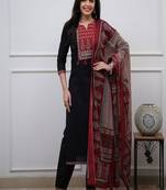 Floral printed cotton round neck black  kurta trouser & dupatta set