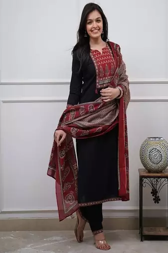 Floral printed cotton round neck black  kurta trouser & dupatta set