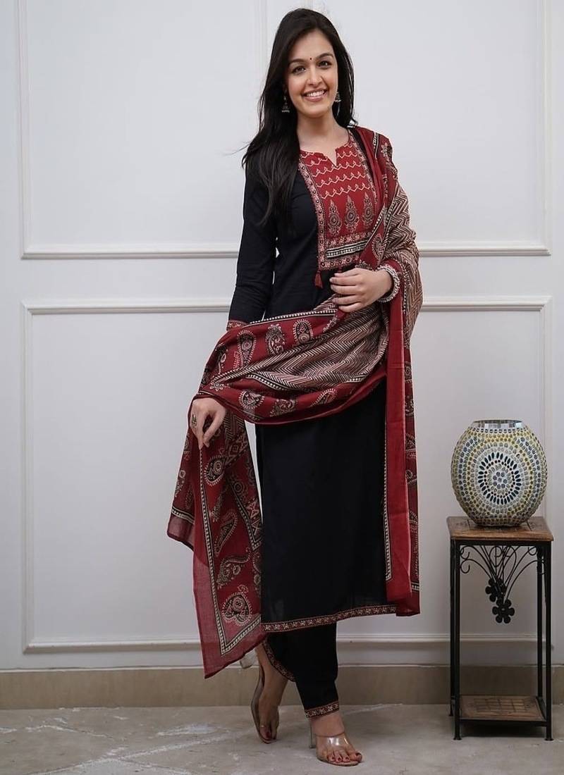Floral printed cotton round neck black  kurta trouser & dupatta set