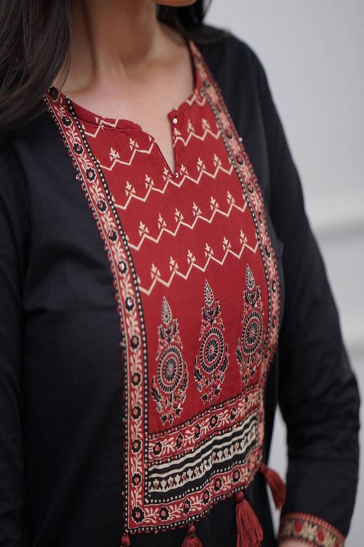 Floral printed cotton round neck black  kurta trouser & dupatta set
