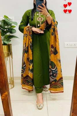 Floral embroidered cotton round neck green  kurta trouser & dupatta set 1