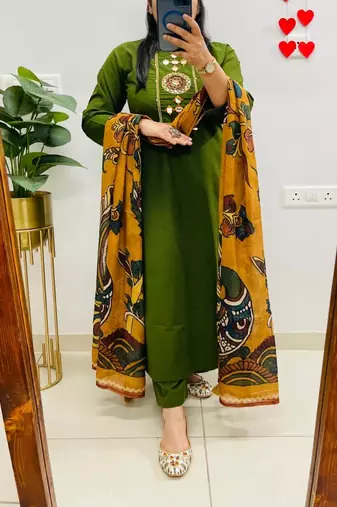 Floral embroidered cotton round neck green  kurta trouser & dupatta set