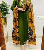 Floral embroidered cotton round neck green  kurta trouser & dupatta set
