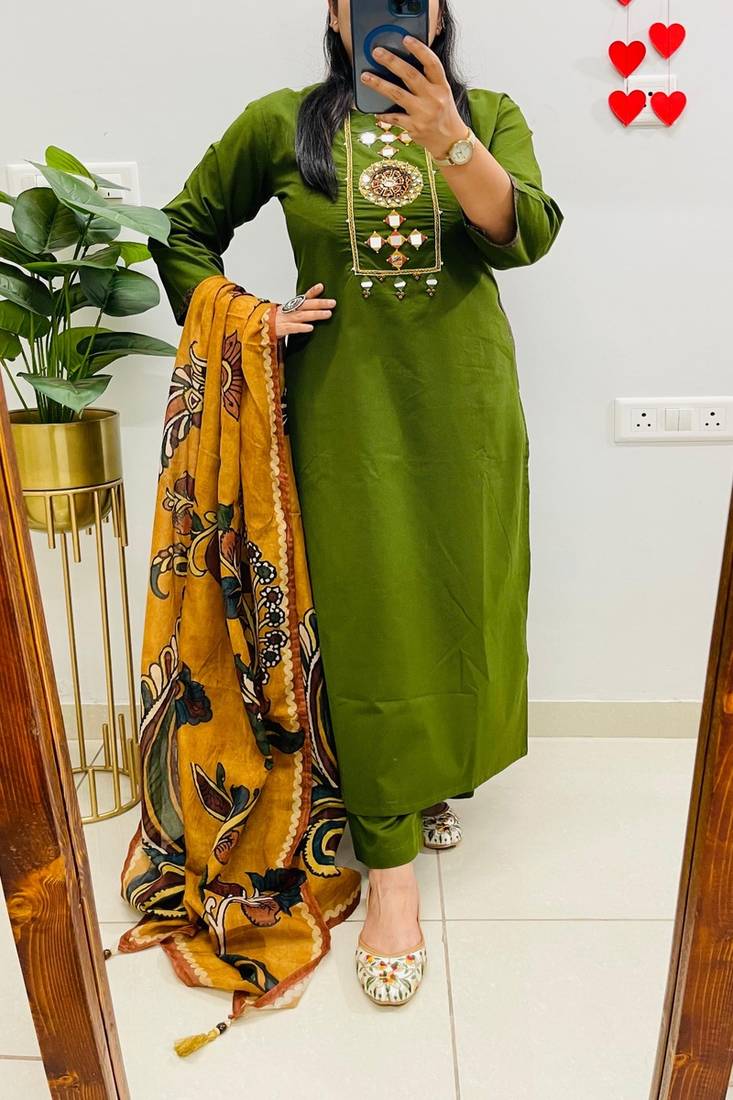 Floral embroidered cotton round neck green  kurta trouser & dupatta set