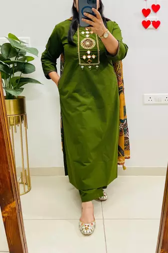 Floral embroidered cotton round neck green  kurta trouser & dupatta set