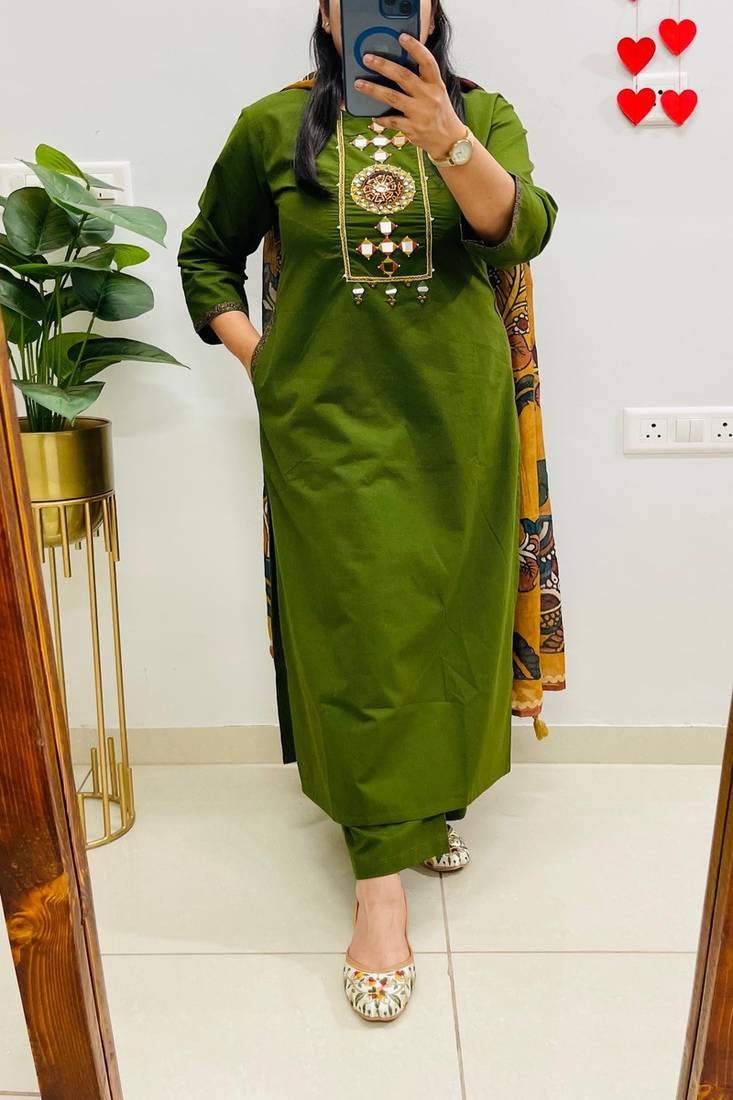 Floral embroidered cotton round neck green  kurta trouser & dupatta set