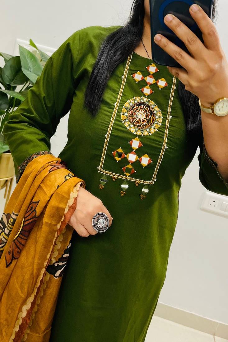 Floral embroidered cotton round neck green  kurta trouser & dupatta set