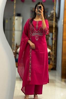 Floral embroidered cotton round neck pink  kurta trouser & dupatta set 1