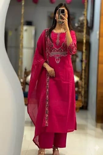 Floral embroidered cotton round neck pink  kurta trouser & dupatta set