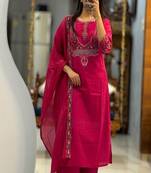 Floral embroidered cotton round neck pink  kurta trouser & dupatta set