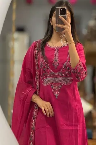 Floral embroidered cotton round neck pink  kurta trouser & dupatta set