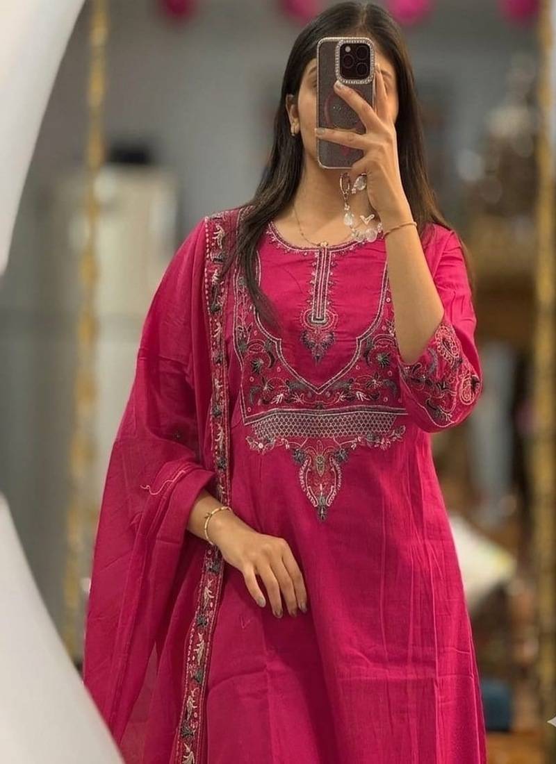 Floral embroidered cotton round neck pink  kurta trouser & dupatta set