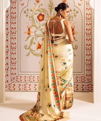 Elegant japan satin digital print saree with sequins banglori silk blend blouse for party wear 3