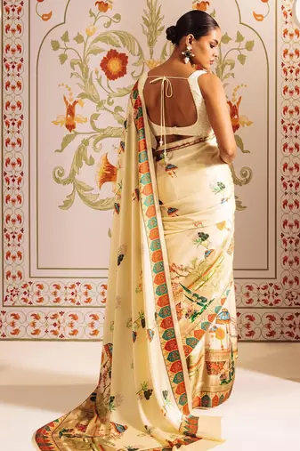 Elegant japan satin digital print saree with sequins banglori silk blend blouse for party wear