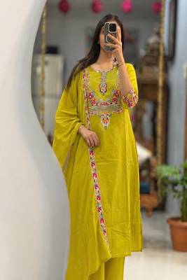 Floral embroidered cotton round neck yellow kurta trouser & dupatta set 1
