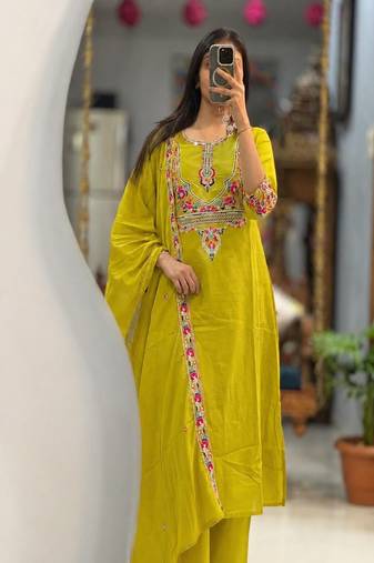 Floral embroidered cotton round neck yellow  kurta trouser & dupatta set