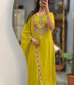 Floral embroidered cotton round neck yellow  kurta trouser & dupatta set