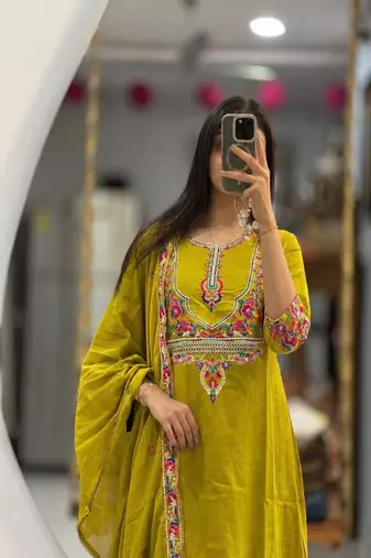 Floral embroidered cotton round neck yellow  kurta trouser & dupatta set