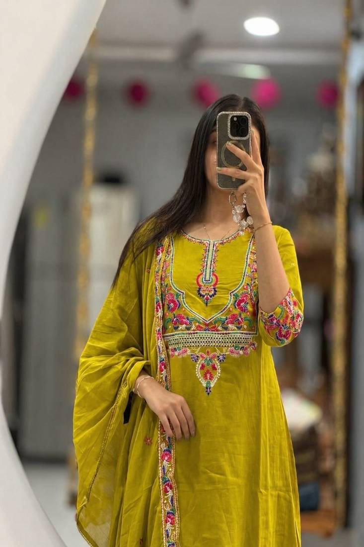 Floral embroidered cotton round neck yellow  kurta trouser & dupatta set