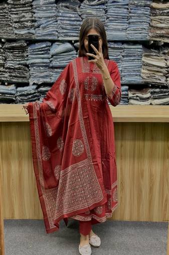 Floral printed cotton round neck red  kurta trouser & dupatta set