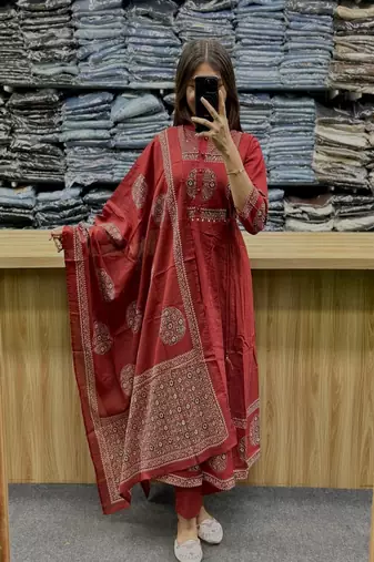 Floral printed cotton round neck red  kurta trouser & dupatta set