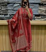 Floral printed cotton round neck red  kurta trouser & dupatta set