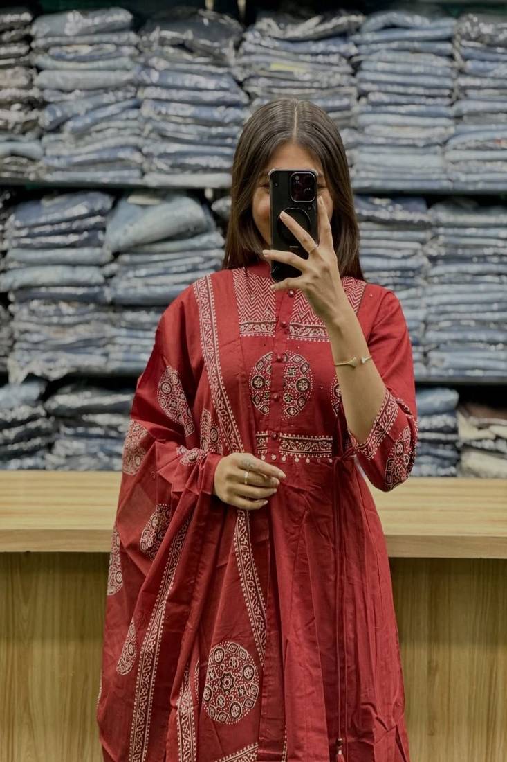 Floral printed cotton round neck red  kurta trouser & dupatta set