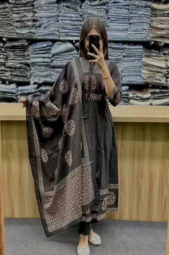 Floral printed cotton round neck black  kurta trouser & dupatta set
