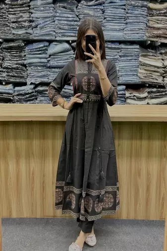 Floral printed cotton round neck black  kurta trouser & dupatta set