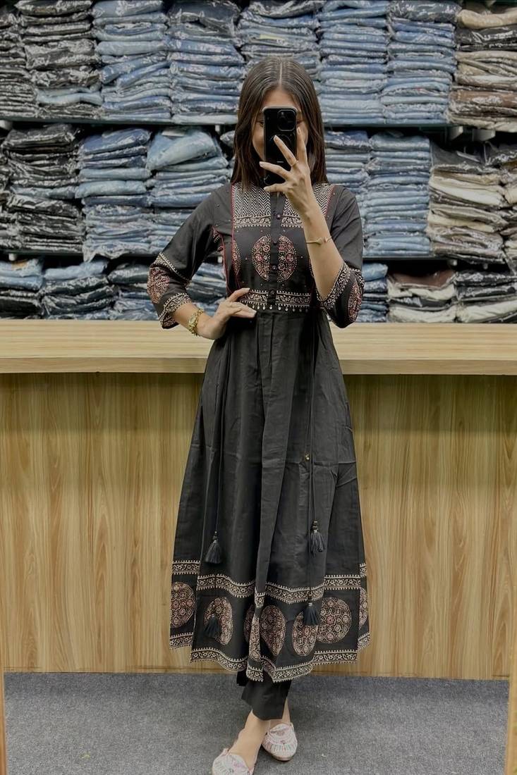 Floral printed cotton round neck black  kurta trouser & dupatta set