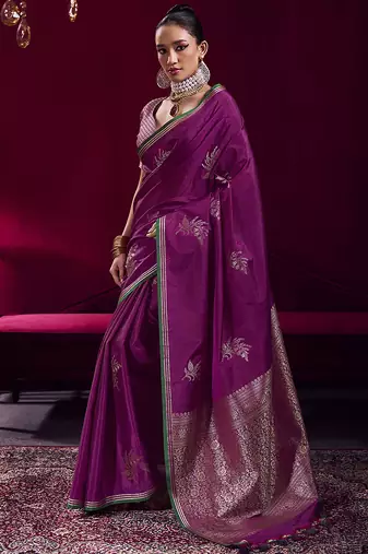 Dark magenta satin linen handloom weaving silk blend saree
