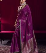 Dark magenta satin linen handloom weaving silk blend saree
