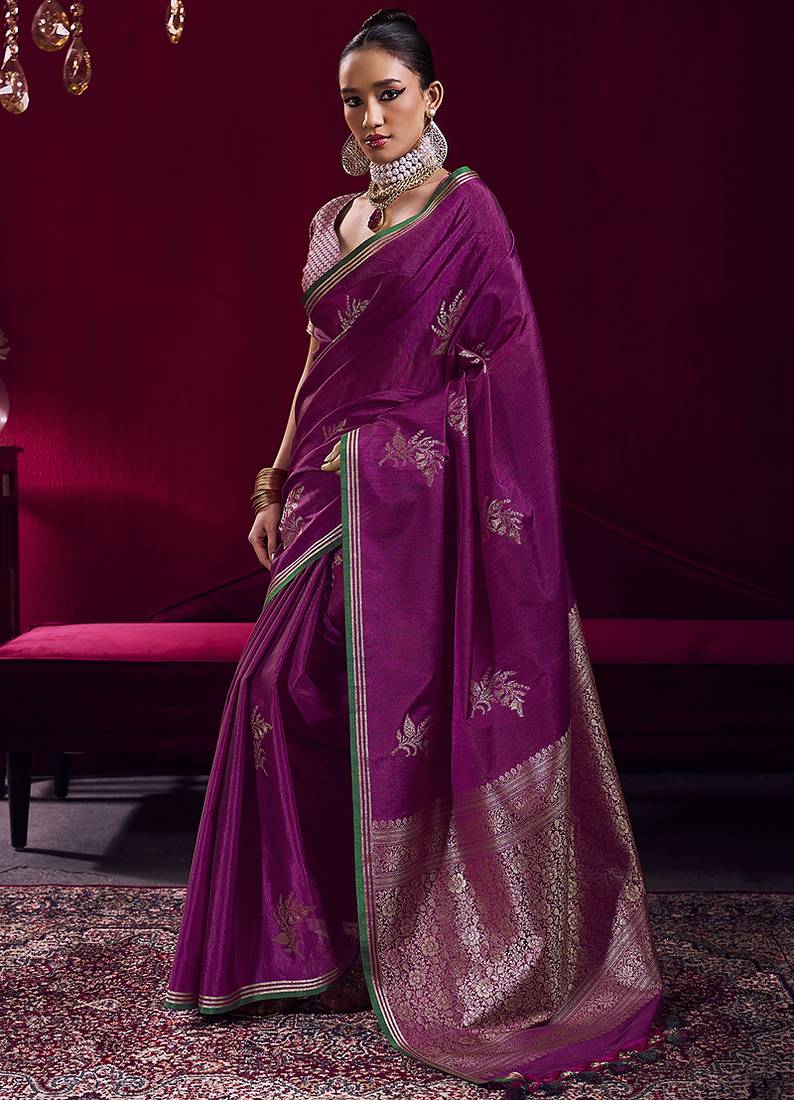 Dark magenta satin linen handloom weaving silk blend saree