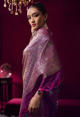 Dark magenta satin linen handloom weaving silk blend saree 2