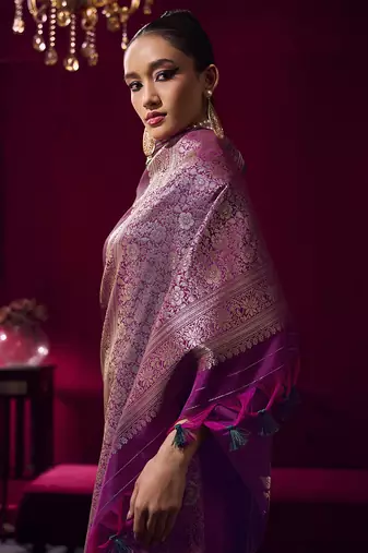 Dark magenta satin linen handloom weaving silk blend saree