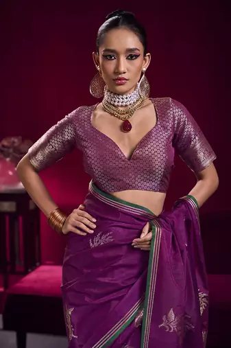 Dark magenta satin linen handloom weaving silk blend saree