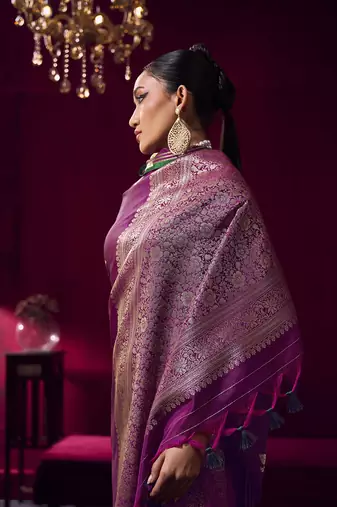 Dark magenta satin linen handloom weaving silk blend saree