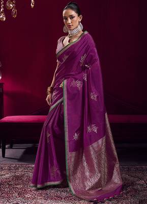 Dark magenta satin linen handloom weaving silk blend saree 5