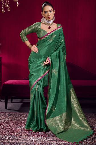 Dark green satin linen handloom weaving silk blend saree