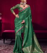 Dark green satin linen handloom weaving silk blend saree