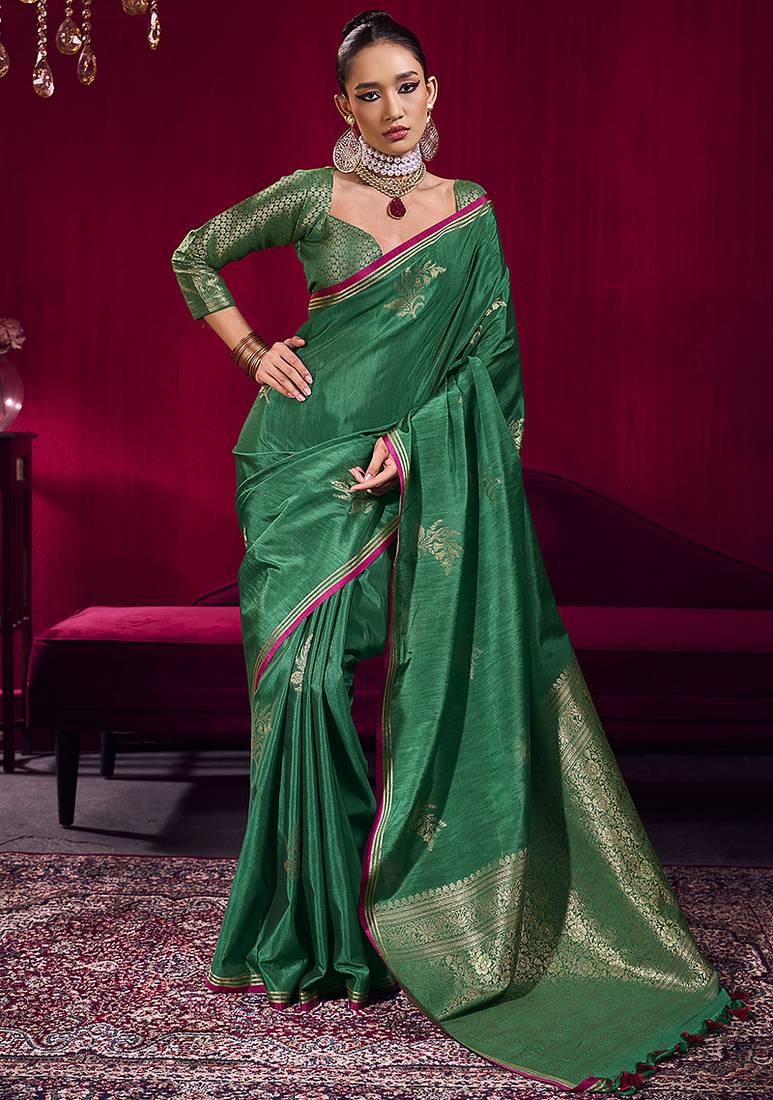 Dark green satin linen handloom weaving silk blend saree