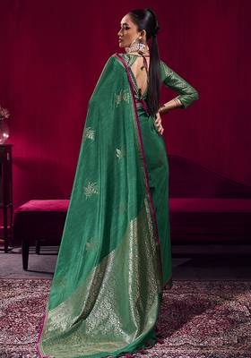 Dark green satin linen handloom weaving silk blend saree 2