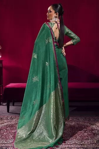 Dark green satin linen handloom weaving silk blend saree