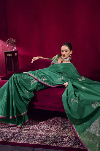 Dark green satin linen handloom weaving silk blend saree
