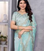 Sky blue shimmer chiffon embroidery saree with unstitched blouse piece