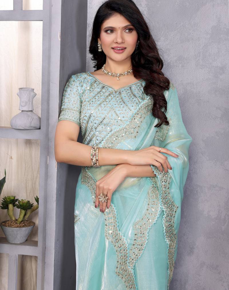 Sky blue soft shimmer chiffon embroidery work designer party wear festive saree with unstitched blouse piece